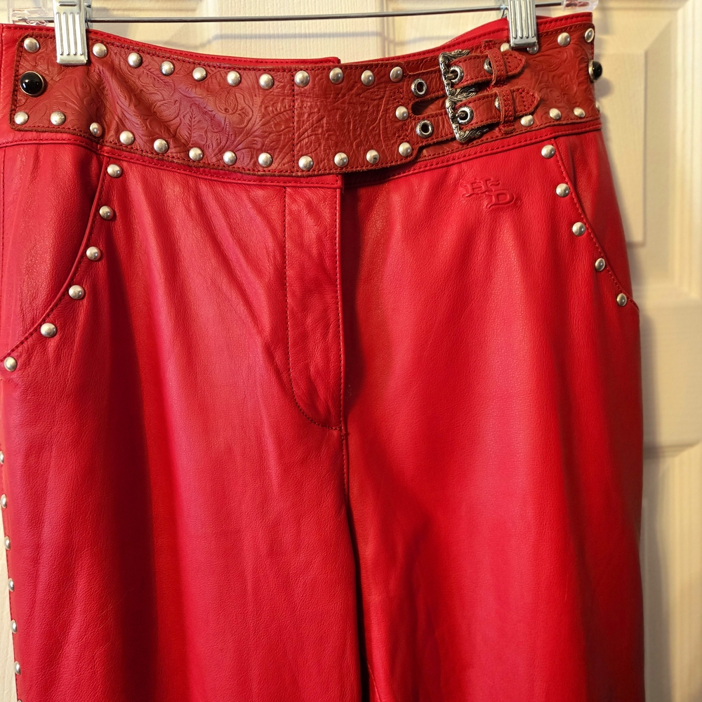 Harley Davidson Red Leather Pants with Studded Belt